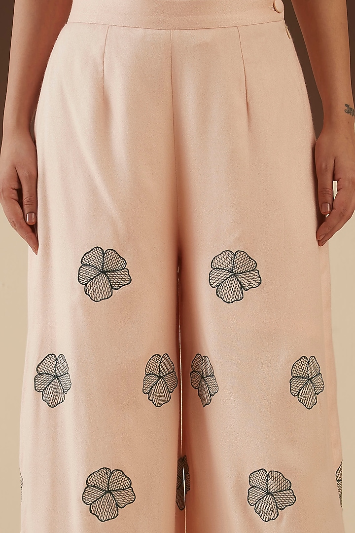 Pink Embroidered Wide-Legged Trousers by Kanelle at Pernia's Pop Up Shop