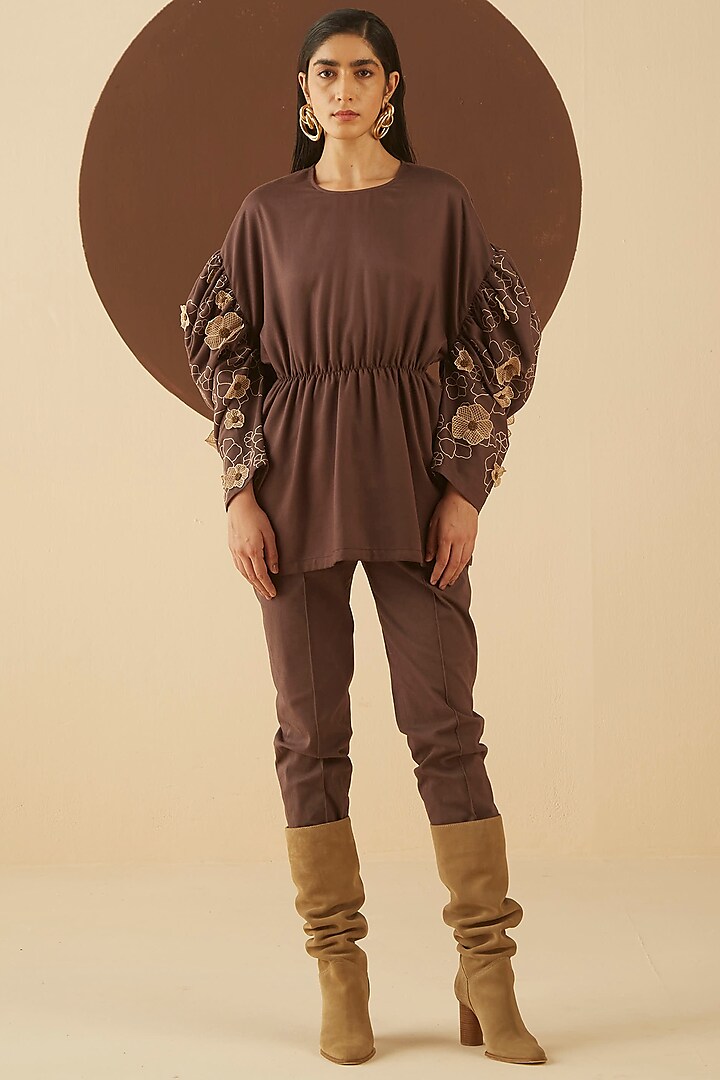 Dark Brown 3D Embroidered Top by Kanelle