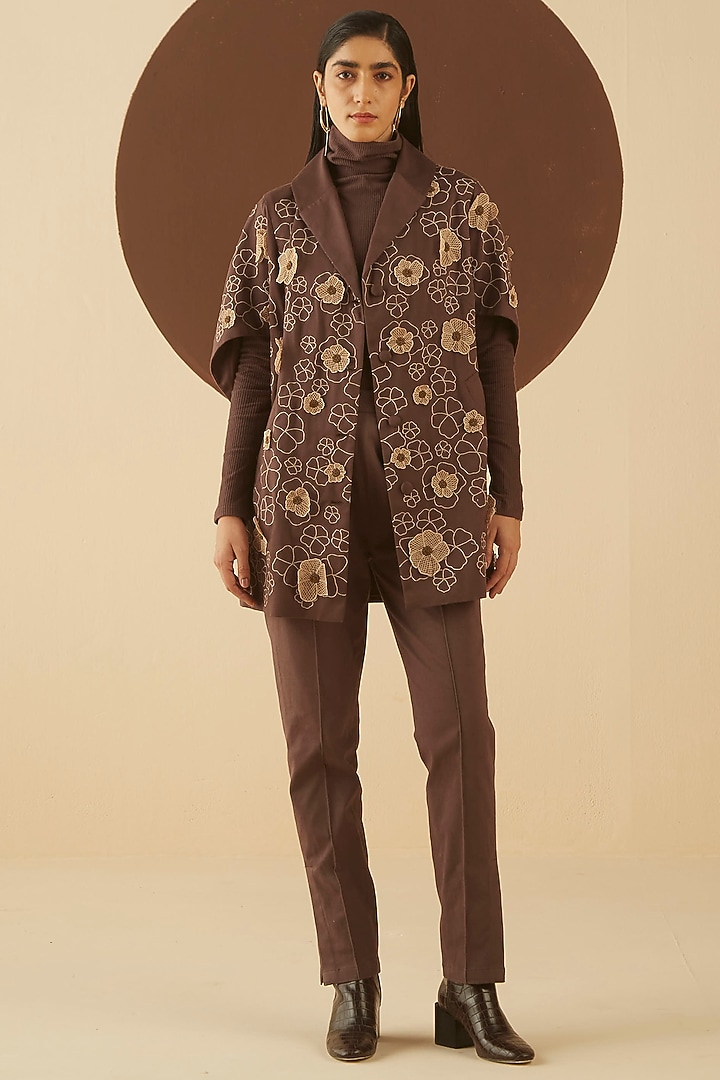 Dark Brown 3D Embroidered Coat by Kanelle at Pernia's Pop Up Shop