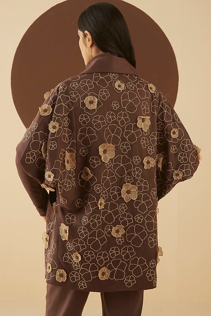 Dark Brown 3D Embroidered Coat by Kanelle at Pernia's Pop Up Shop