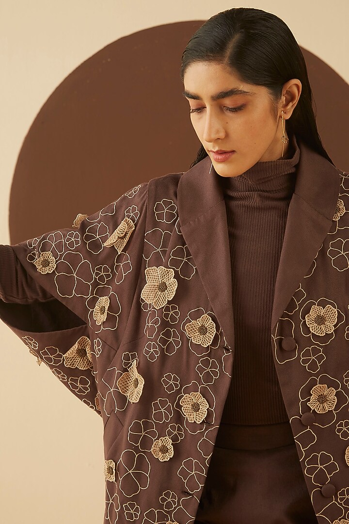 Dark Brown 3D Embroidered Coat by Kanelle at Pernia's Pop Up Shop