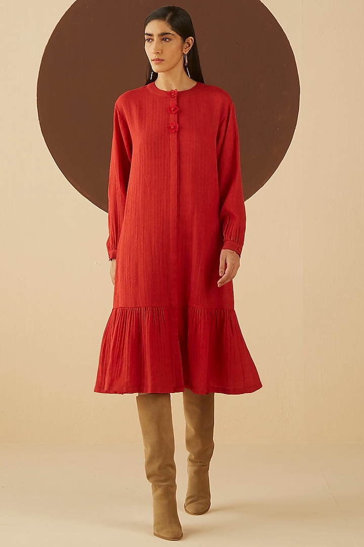 Fiery Red Cotton Wool Dress by Kanelle