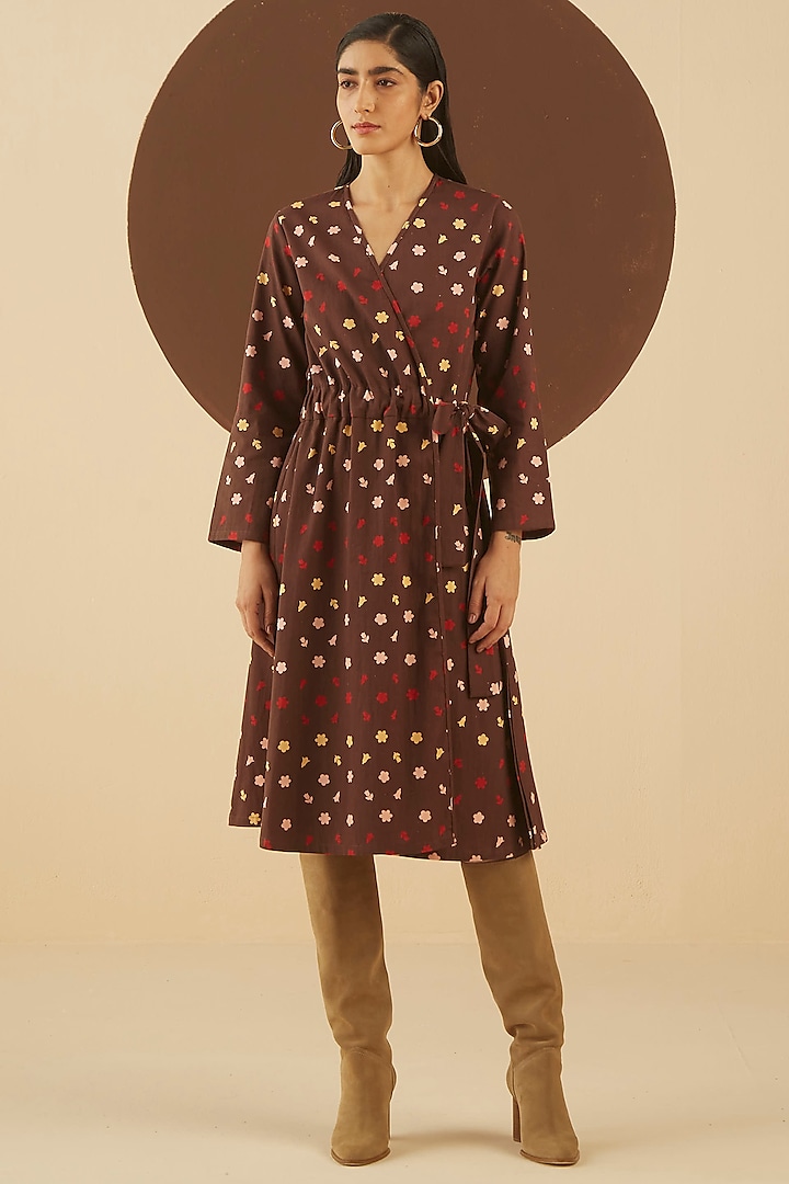 Dark Brown Floral Printed Wrapped Dress by Kanelle