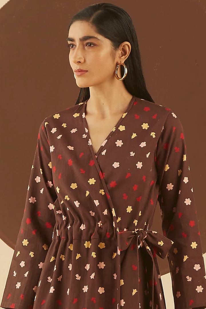 Dark Brown Floral Printed Wrapped Summer Dress by Kanelle at Pernia's Pop Up Shop