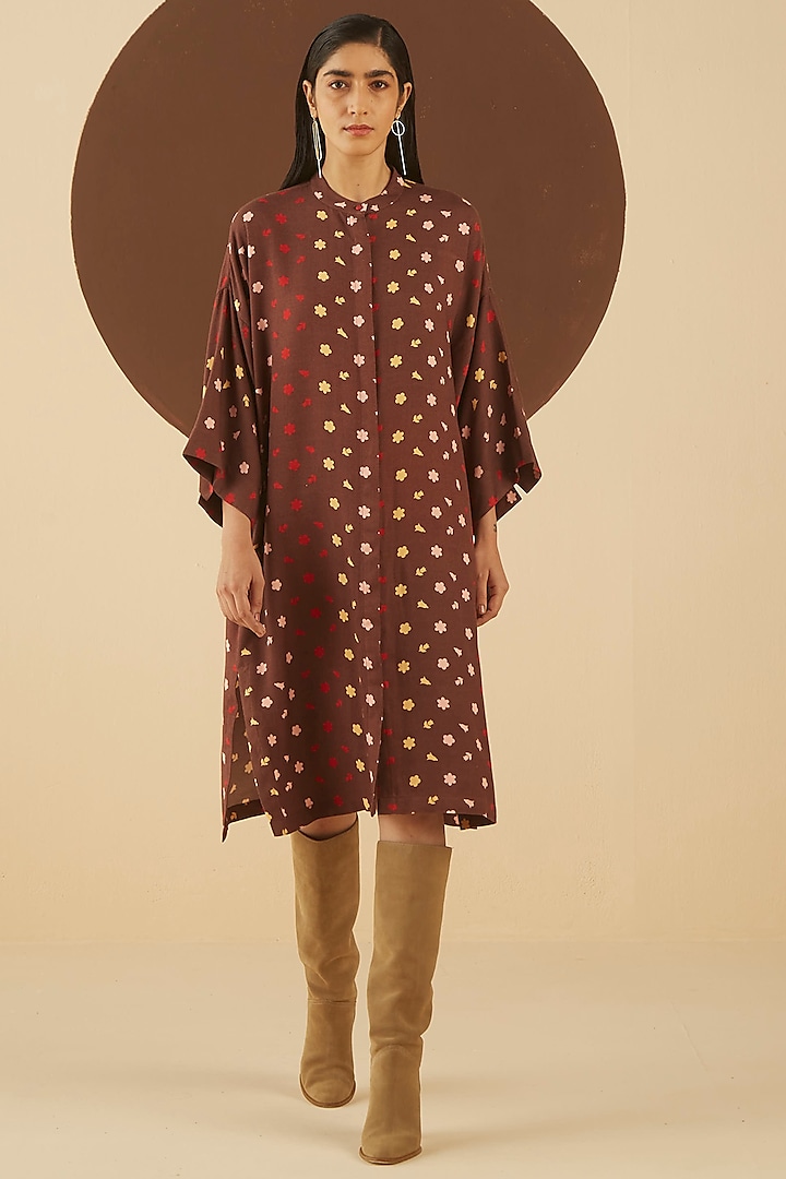 Dark Brown Floral Printed Oversized Shirt Dress by Kanelle