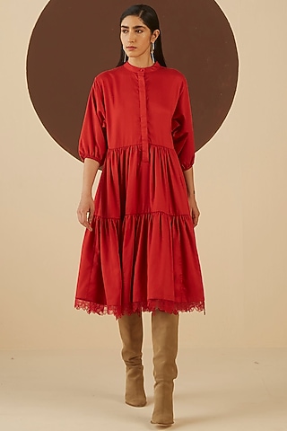 Fiery Red Tencel Tiered Dress by Kanelle