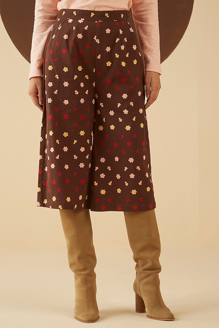 Dark Brown Floral Printed Culottes by Kanelle at Pernia's Pop Up Shop