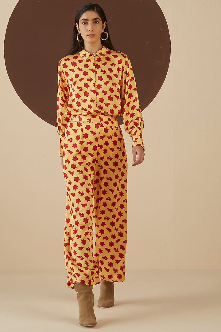 Light Yellow Floral Printed Wide-Leg Pants by Kanelle at Pernia's Pop Up Shop