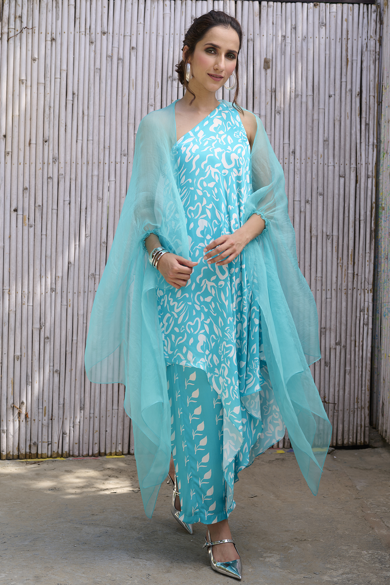 Firozi Blue Viscose Satin Printed Asymmetric Tunic Set by Kanelle at Pernia's Pop Up Shop