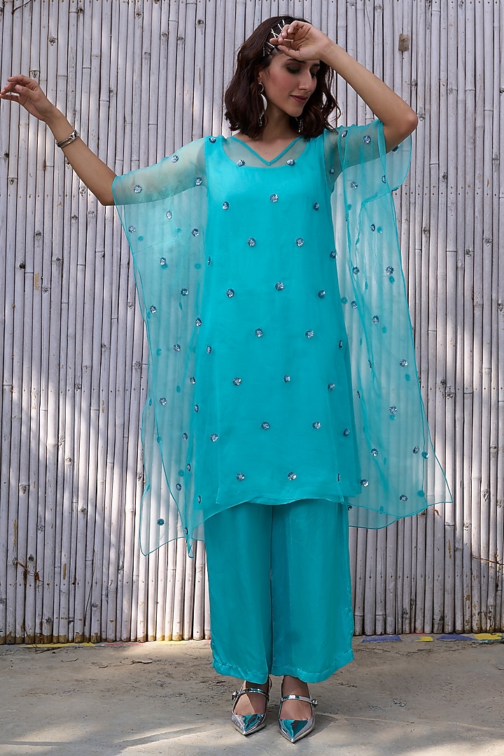 Firozi Blue Viscose Satin Tunic Set  by Kanelle at Pernia's Pop Up Shop