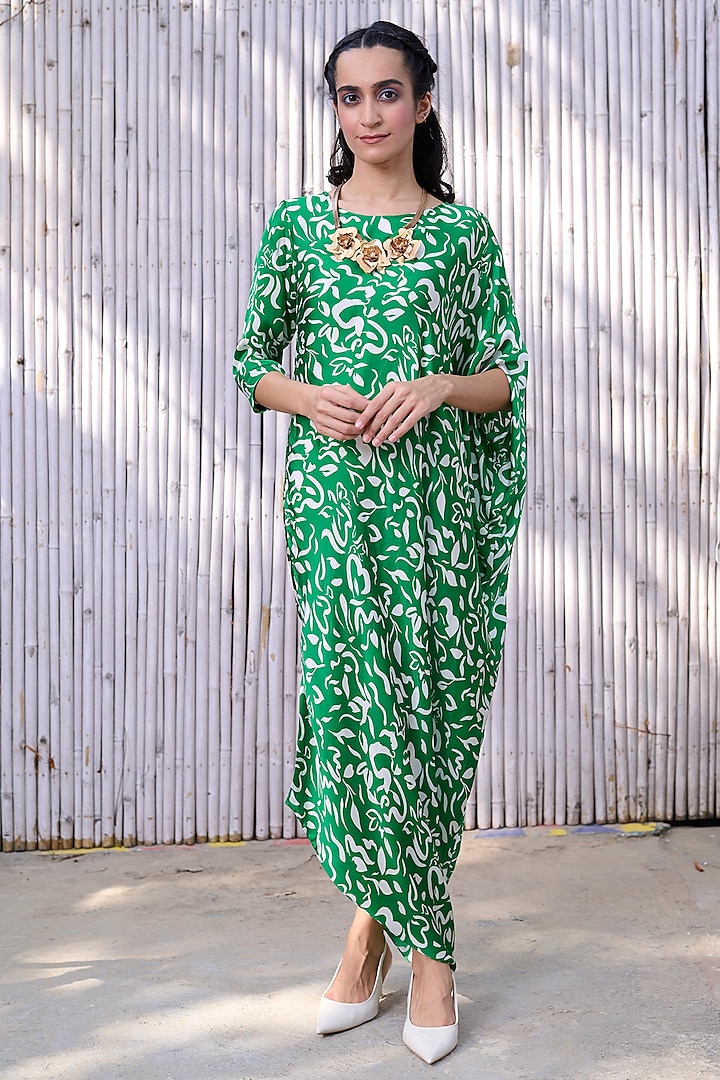 Green Viscose Satin Printed Draped Dress by Kanelle at Pernia's Pop Up Shop