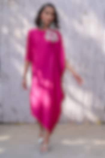 Pink Viscose Satin Hand Embroidered Draped Summer Dress by Kanelle at Pernia's Pop Up Shop