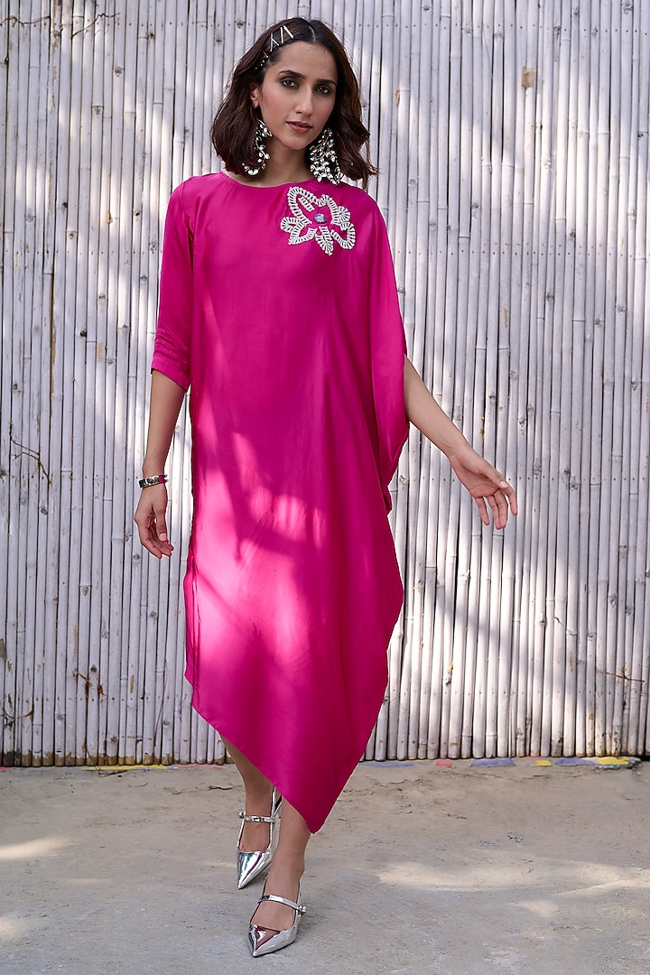 Pink Viscose Satin Hand Embroidered Draped Summer Dress by Kanelle at Pernia's Pop Up Shop