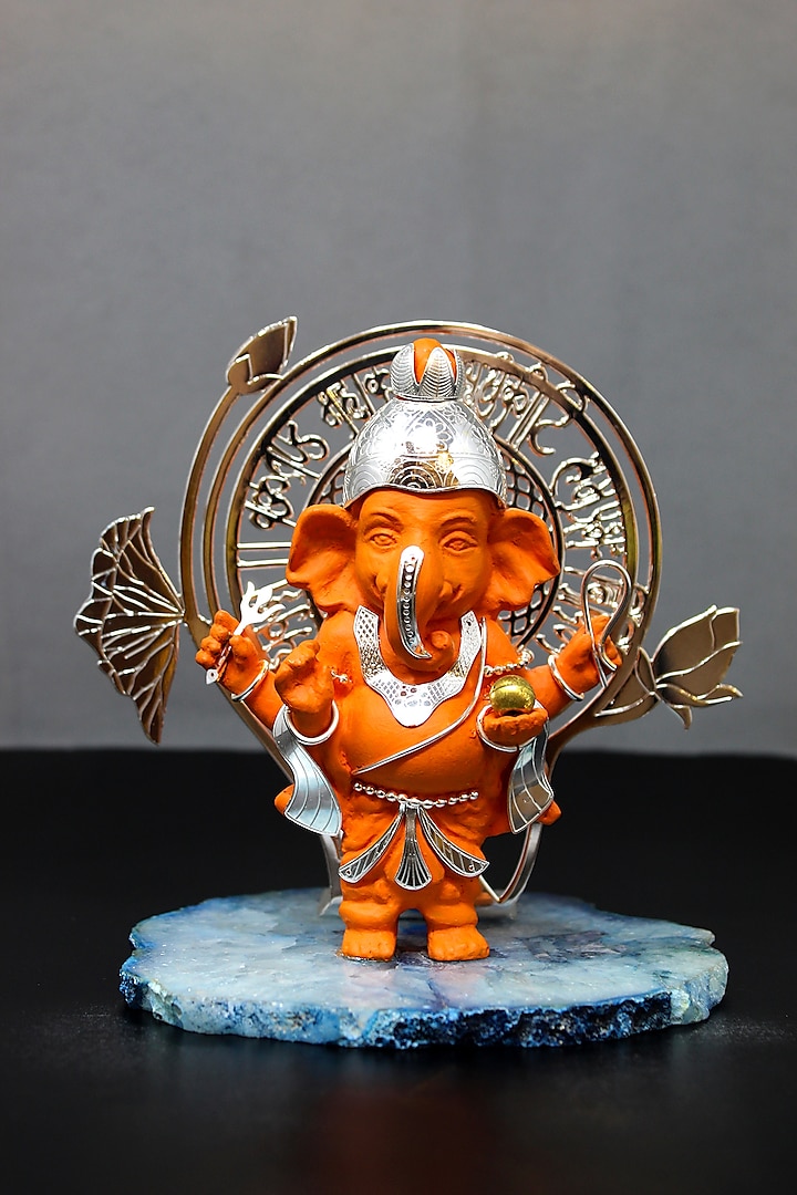 Orange Brass With Silver Plating & Resin Stone Lord Ganesha Showpiece by EL'UNIQUE