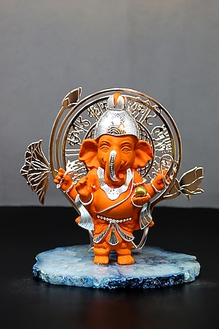 Orange Brass With Silver Plating & Resin Stone Lord Ganesha Showpiece by EL'UNIQUE