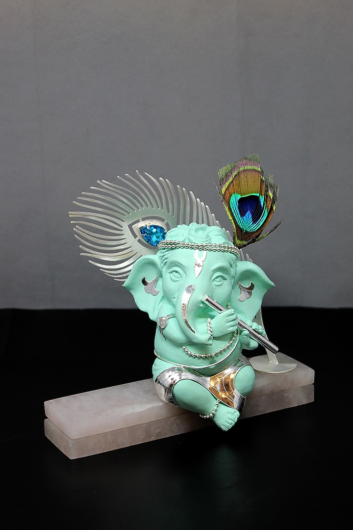 Turquoise Brass With Silver Plating & Rose Quartz Lord Ganesha Showpiece by EL'UNIQUE