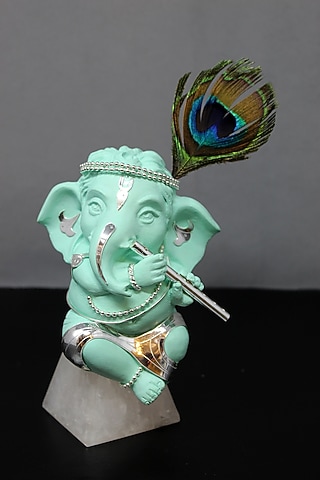 Turquoise Brass With Silver Plating & Rose Quartz Lord Ganesha Showpiece by EL'UNIQUE