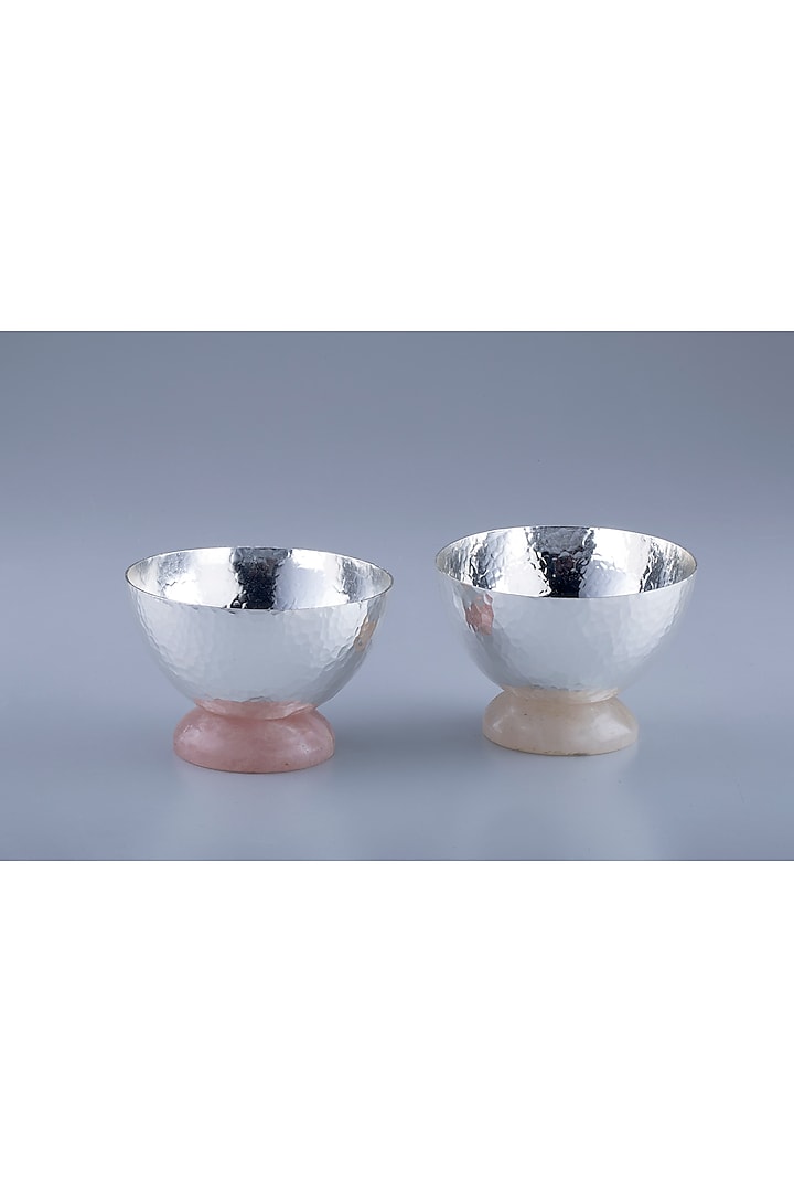 Silver Brass With Silver Plating & Rose Quartz Stone Bowls (Set Of 2) by EL'UNIQUE