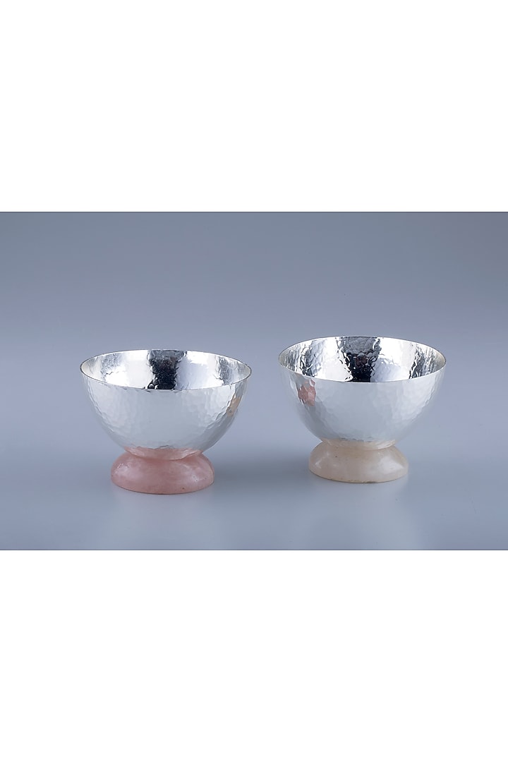 Silver Brass With Silver Plating & Rose Quartz Stone Bowls (Set Of 2) by EL'UNIQUE at Pernia's Pop Up Shop