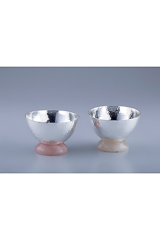 Silver Brass With Silver Plating & Rose Quartz Stone Bowls (Set Of 2) by EL'UNIQUE
