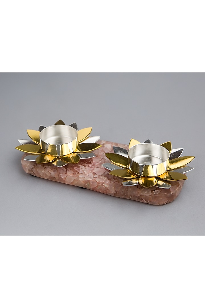 Silver Brass With Plating & Rose Quartz Stone Floral Tea Light Holder by EL'UNIQUE