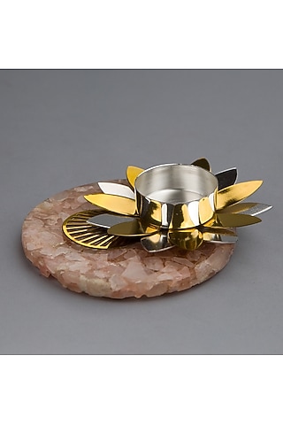 Silver Brass With Plating & Rose Quartz Stone Floral Tea Light Holder by EL'UNIQUE