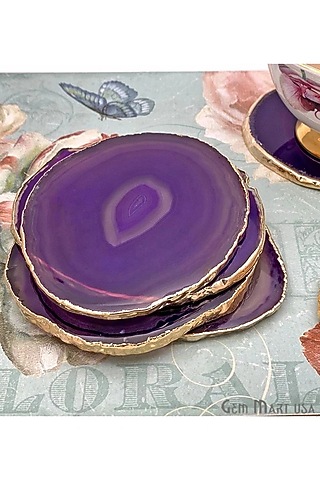 Purple & Gold Agate Stone Coasters (Set Of 4) by EL'UNIQUE