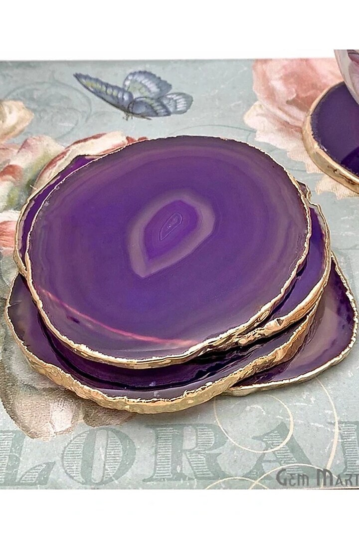 Purple & Gold Agate Stone Coasters (Set Of 4) by EL'UNIQUE at Pernia's Pop Up Shop