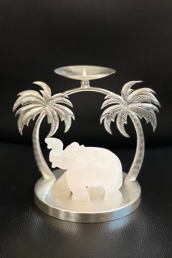 Silver Plated Brass Elephant Palm Tree Candle Stand by EL'UNIQUE