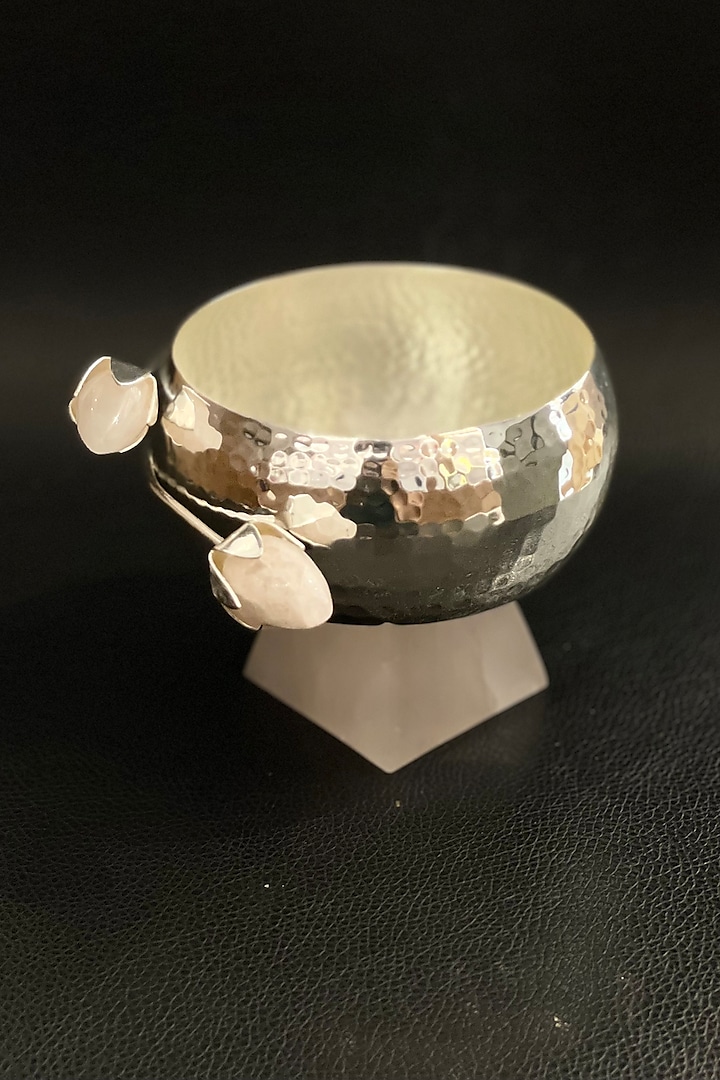 Silver Brass & Rose Quartz Stone Pebble Bowl Set by EL'UNIQUE