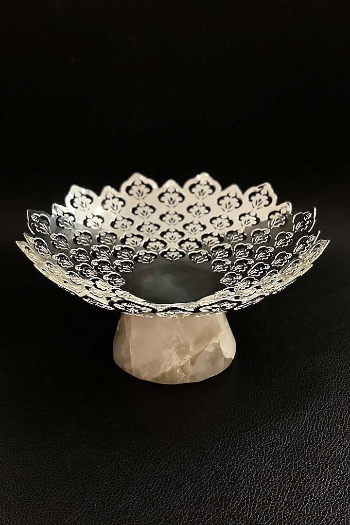 Pink & Silver Rose Quartz Stone Floral Bowl by EL'UNIQUE