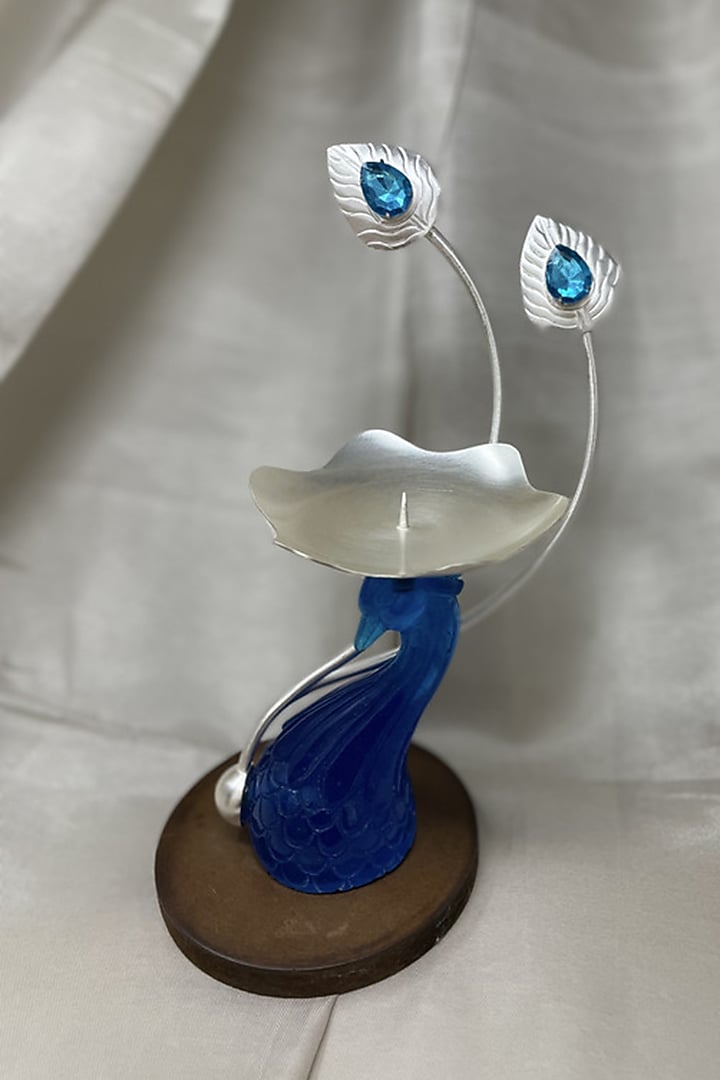 Blue Silver Plated Peacock Candle Stand by EL'UNIQUE at Pernia's Pop Up Shop