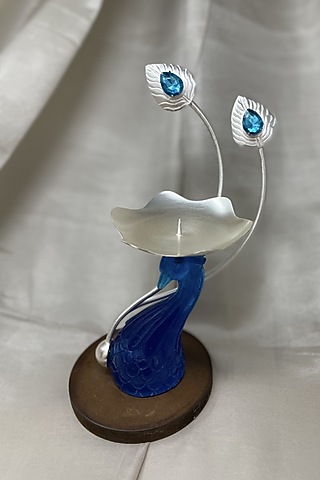 Blue Silver Plated Peacock Candle Stand by EL'UNIQUE