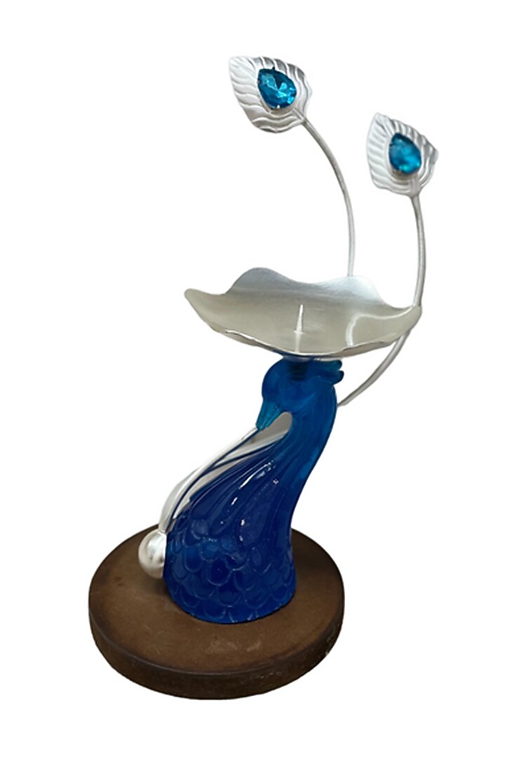 Blue Silver Plated Peacock Candle Stand by EL'UNIQUE at Pernia's Pop Up Shop