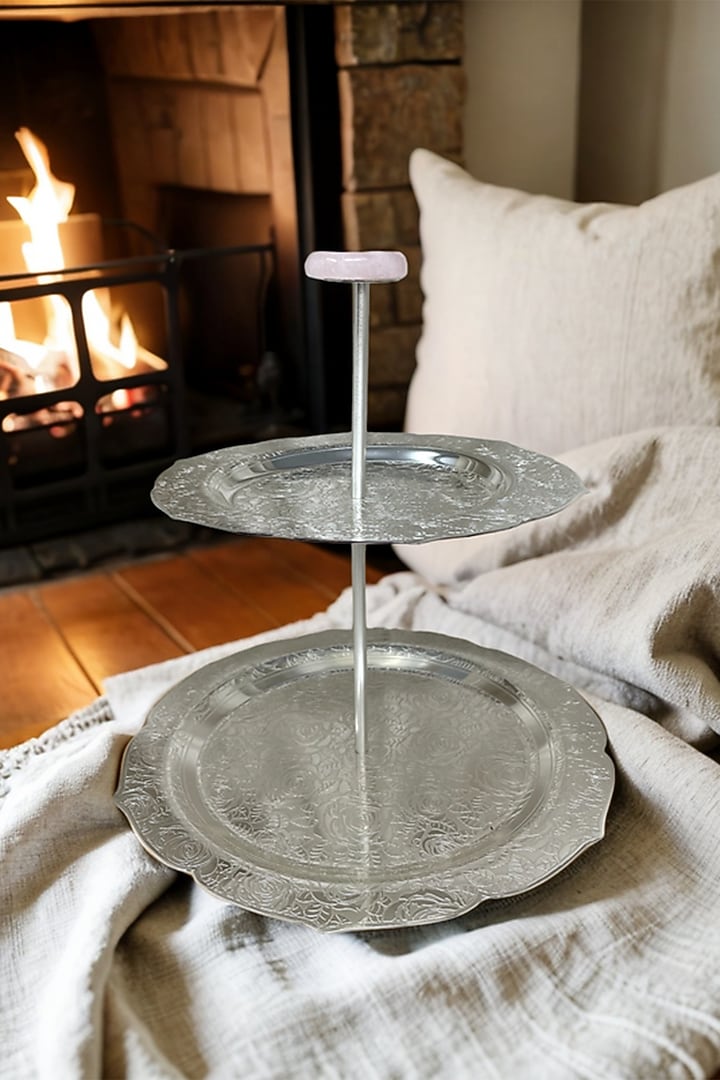 Silver Plated Brass Rose Embossed Tiered Platter by EL'UNIQUE at Pernia's Pop Up Shop