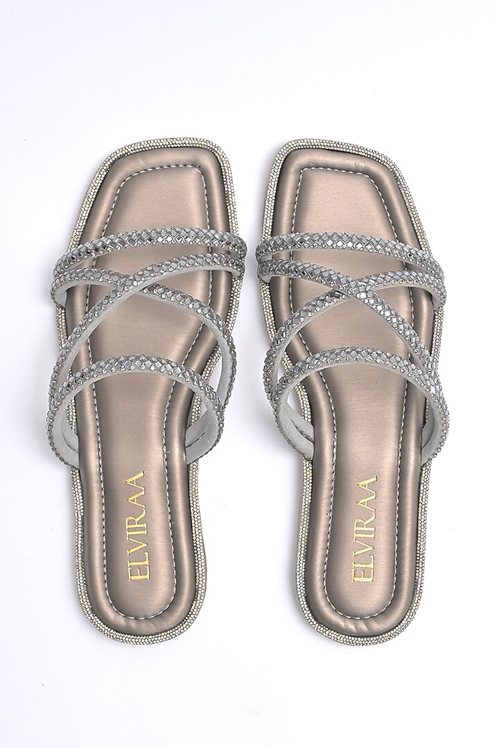 Gunmetal PU Rhinestone Embellished Strappy Flats by Elviraa by Pranali Oswal at Pernia's Pop Up Shop