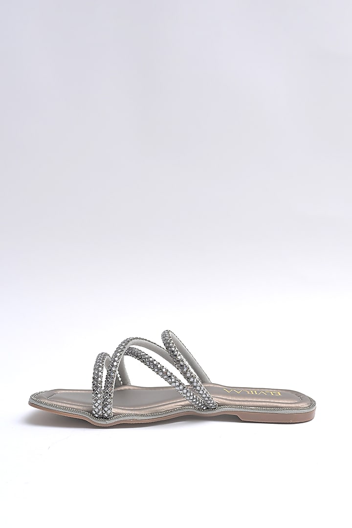 Gunmetal PU Rhinestone Embellished Strappy Flats by Elviraa by Pranali Oswal at Pernia's Pop Up Shop