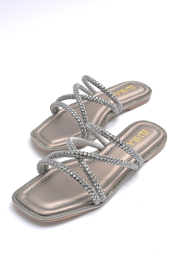 Gunmetal PU Rhinestone Embellished Strappy Flats by Elviraa by Pranali Oswal at Pernia's Pop Up Shop