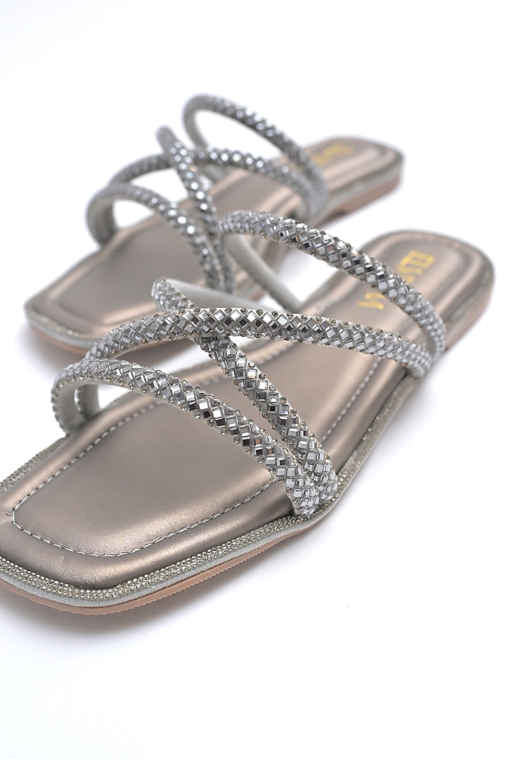 Gunmetal PU Rhinestone Embellished Strappy Flats by Elviraa by Pranali Oswal at Pernia's Pop Up Shop