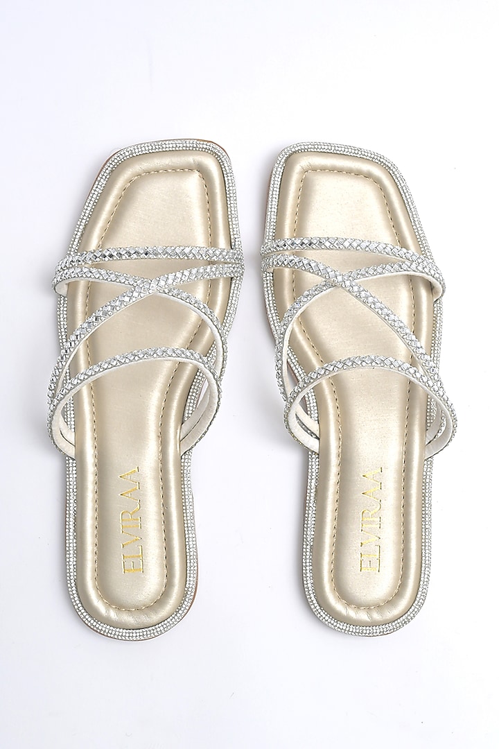 Light Gold PU Rhinestone Embellished Strappy Flats by Elviraa by Pranali Oswal at Pernia's Pop Up Shop