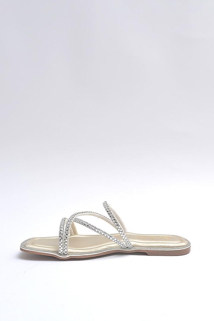 Light Gold PU Rhinestone Embellished Strappy Flats by Elviraa by Pranali Oswal at Pernia's Pop Up Shop