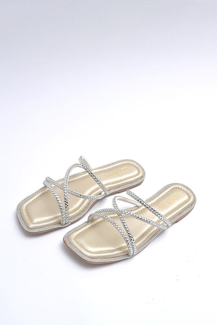 Light Gold PU Rhinestone Embellished Strappy Flats by Elviraa by Pranali Oswal at Pernia's Pop Up Shop