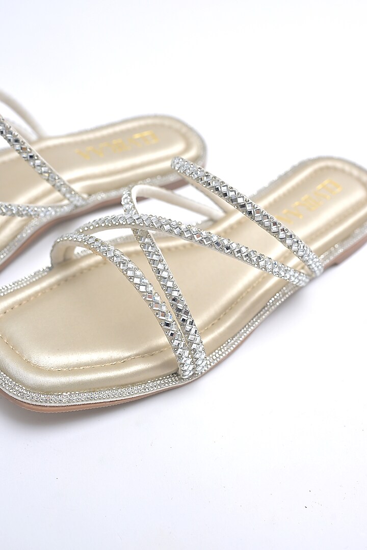 Light Gold PU Rhinestone Embellished Strappy Flats by Elviraa by Pranali Oswal at Pernia's Pop Up Shop