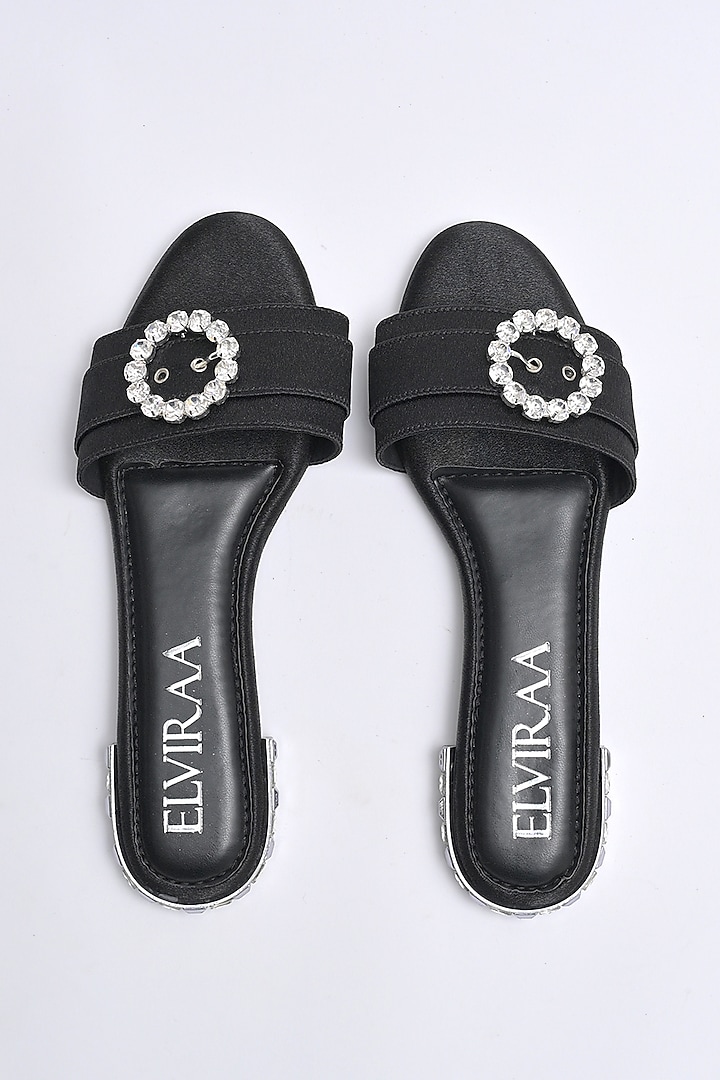 Black Satin Diamond Embellished Buckle Flats by Elviraa by Pranali Oswal at Pernia's Pop Up Shop