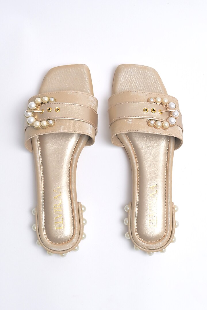 Light Gold PU Pearl Embellished Buckle Flats by Elviraa by Pranali Oswal at Pernia's Pop Up Shop