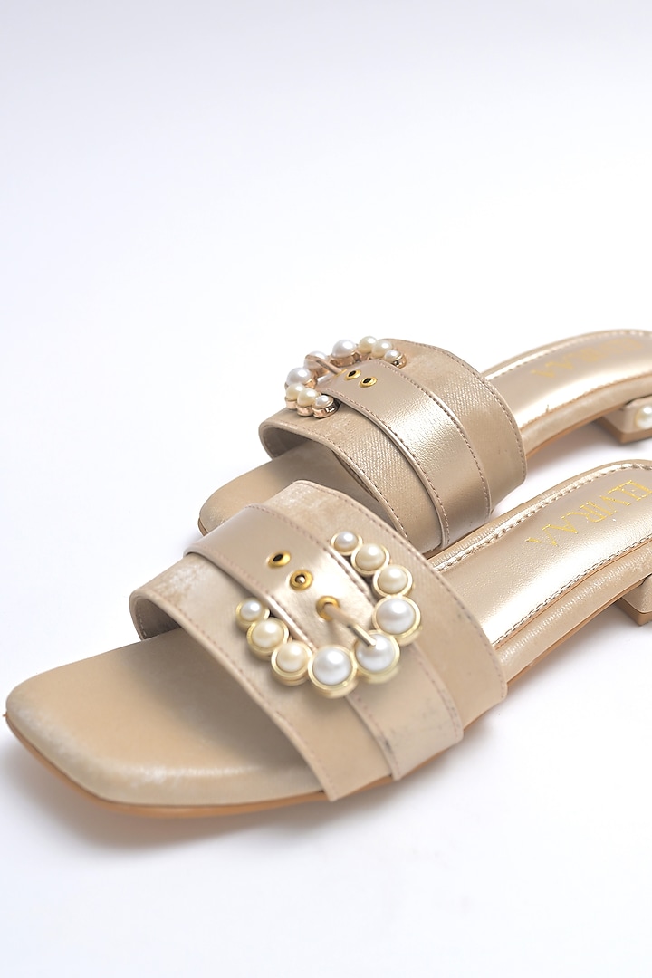 Light Gold PU Pearl Embellished Buckle Flats by Elviraa by Pranali Oswal at Pernia's Pop Up Shop