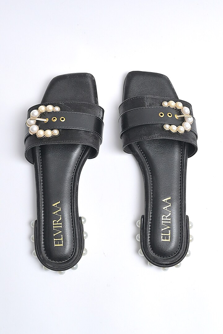 Black PU Pearl Embellished Buckle Flats by Elviraa by Pranali Oswal at Pernia's Pop Up Shop