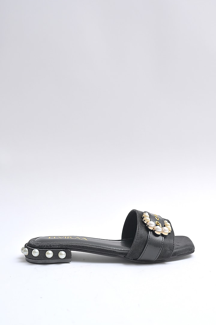 Black PU Pearl Embellished Buckle Flats by Elviraa by Pranali Oswal at Pernia's Pop Up Shop