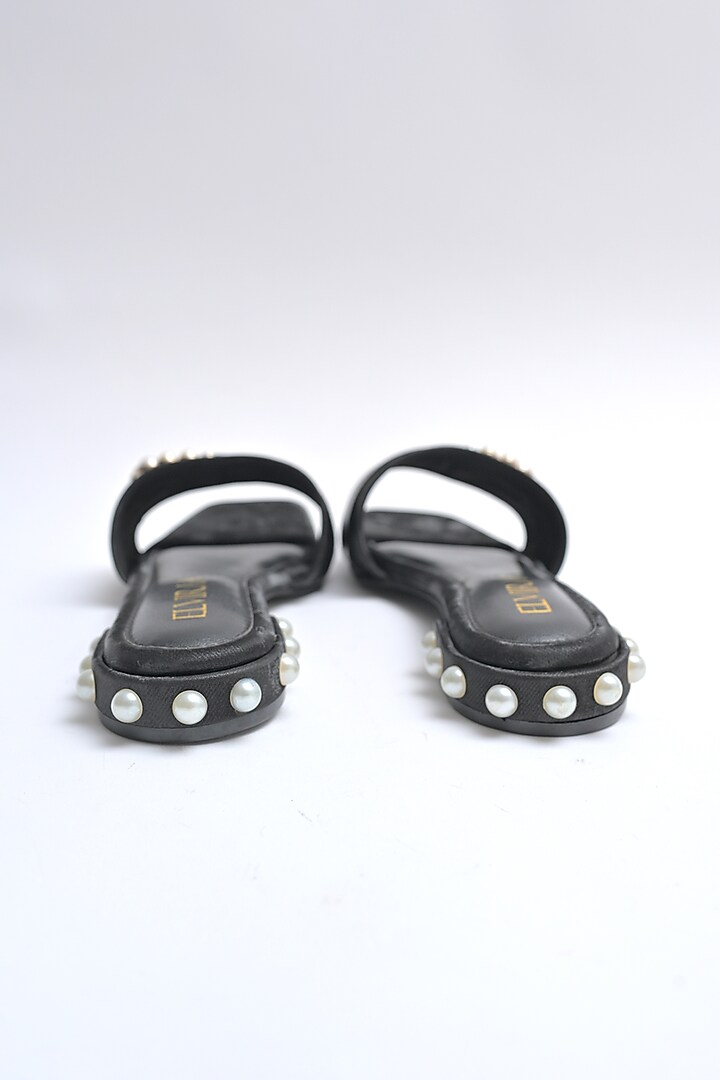 Black PU Pearl Embellished Buckle Flats by Elviraa by Pranali Oswal at Pernia's Pop Up Shop