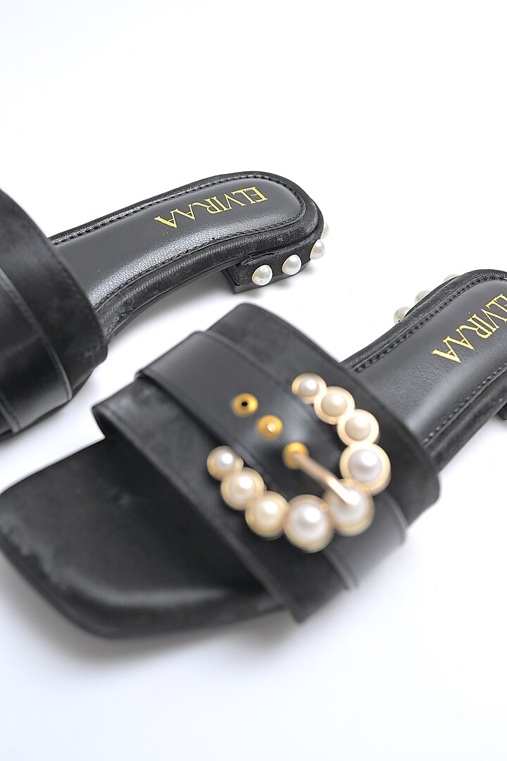 Black PU Pearl Embellished Buckle Flats by Elviraa by Pranali Oswal at Pernia's Pop Up Shop